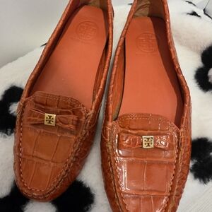 Tory Burch Burnt Orange Croc-Embossed Loafers